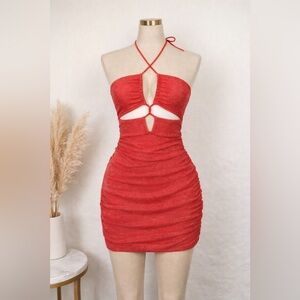 Bebe Coral Orange Glitter Cutout Mini Ruched Bodycon Party Dress S